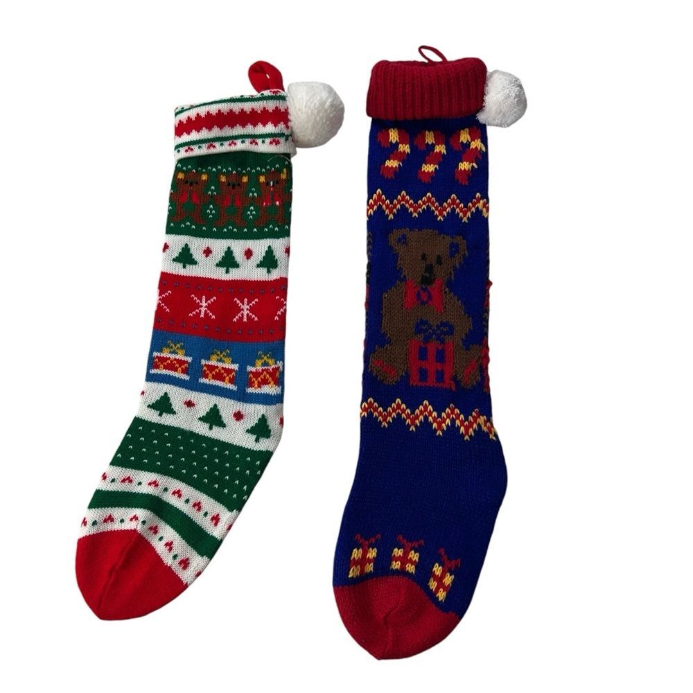 2 Vintage Knit Teddy Bear Stockings Christmas Gifts Drums